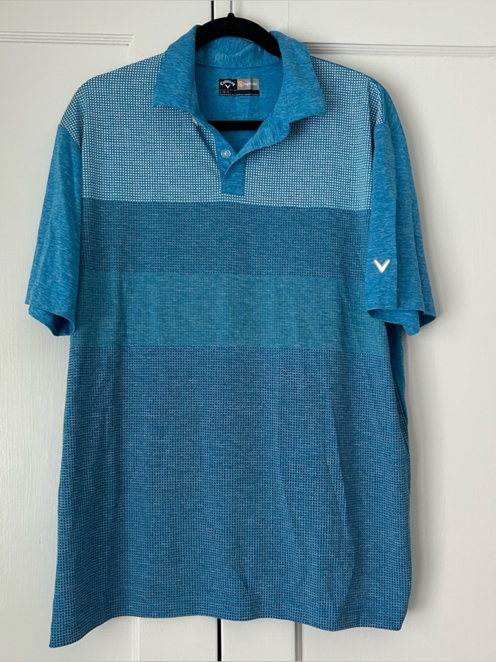 Callaway Opti Dri Golf Polo Shirt Mens L Stripe Light Blue Stretch Short Sleeve